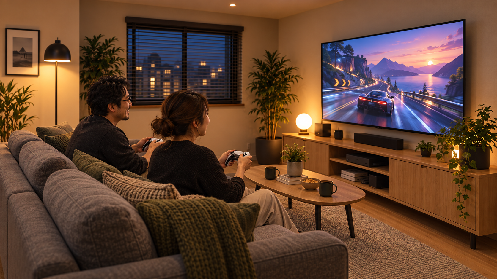 ソファでテレビゲームを楽しむ会員の利用シーンを描いた完成イメージ